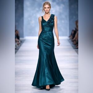 R&M Richards Teal One Shoulder Satin Ruffle Formal Dress Size 12